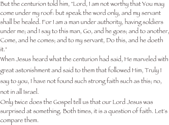 But the centurion told him, "Lord, I am not worthy that You may come under my roof: but speak the word only, and my servant shall be healed. For I am a man under authority, having soldiers under me; and I say to this man, Go, and he goes; and to another, Come, and he comes; and to my servant, Do this, and he doeth it."
When Jesus heard what the centurion had said, He marveled with great astonishment and said to them that followed Him, Truly I say to you, I have not found such strong faith such as this; no, not in all Israel.
Only twice does the Gospel tell us that our Lord Jesus was surprised at something. Both times, it is a question of faith. Let's compare them.